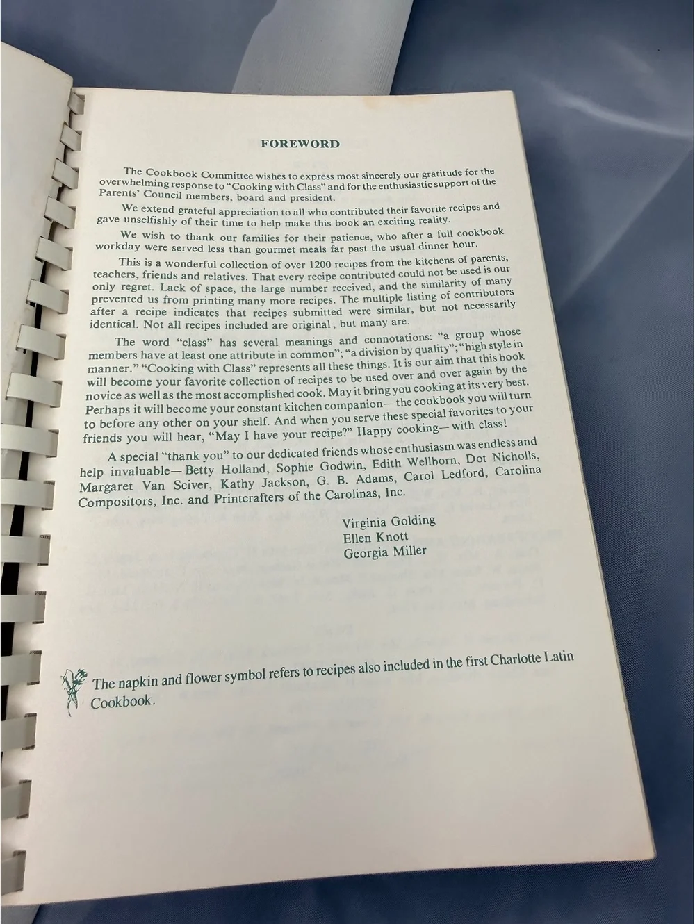 Cooking with Class Community Cookbook 1985 Spiral Bound NC Recipes